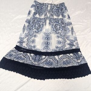 Hannah Blue & White Floral Pull On Flowy Boho Maxi Skirt With Crochet Accent